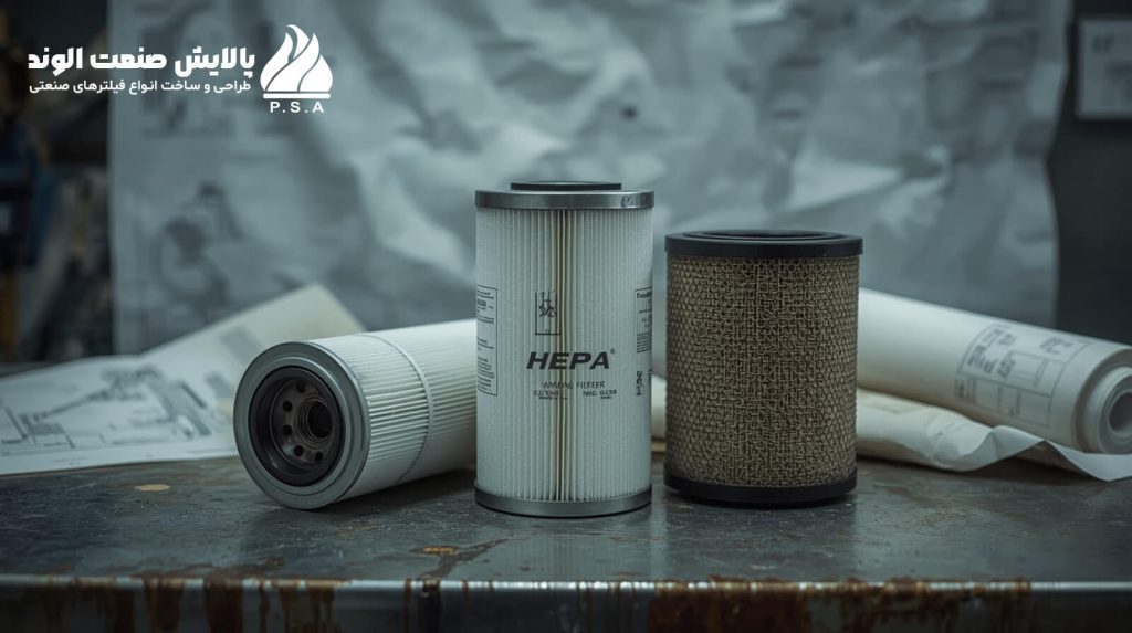 عکس-نمای-نزدیک-از-انواع-فیلتر-صنعتی-در-کنار-نقشه-فنی